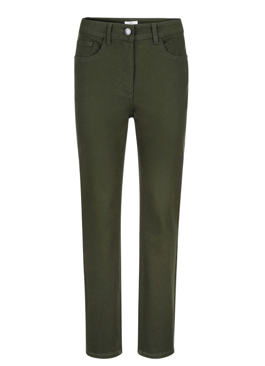 Broek met knoop- en ritssluiting - Broek in 5-pocketvorm, in Größe 019 bis 052, in Farbe OLIV Ansicht 1