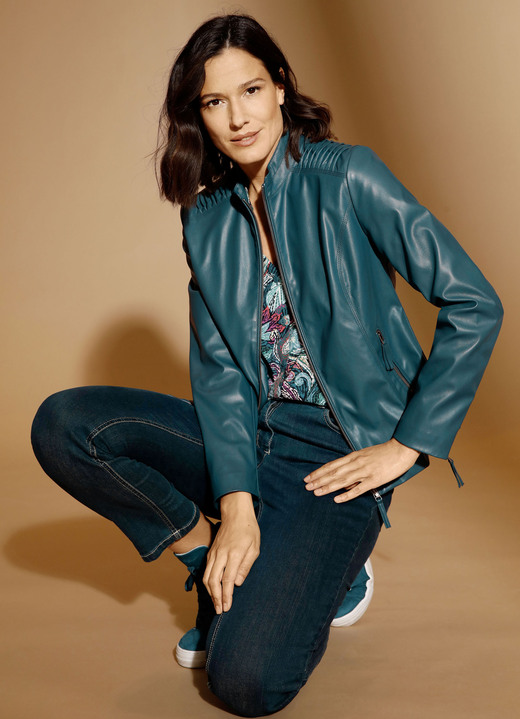 Kunstleren jassen - Kunstleren blazer met bies, in Größe 038 bis 052, in Farbe PETROL Ansicht 1