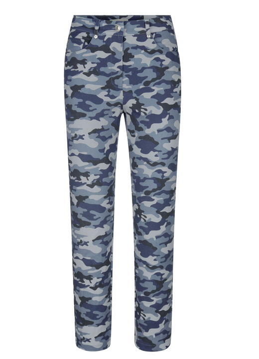 Broek met knoop- en ritssluiting - Broek met camouflagepatroon, in Größe 019 bis 052, in Farbe ROOKBLAUW-MARINE Ansicht 1