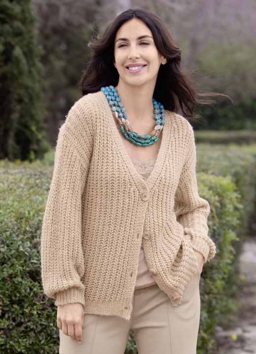 Gebreide jasjes - Cardigan met paillettengaren, in Größe 036 bis 052, in Farbe BEIGE MELIERT Ansicht 1