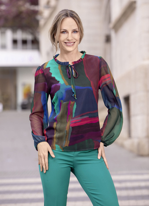 Lange mouw - Tuniek met geplooide kraag, in Größe 036 bis 052, in Farbe BORDEAUX-GRÜN-BLAU-BUNT Ansicht 1
