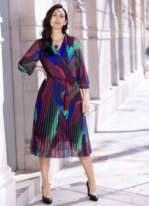Lange mouw - Jurk met strikceintuur, in Größe 036 bis 052, in Farbe BORDEAUX-GRÜN-BLAU-BUNT Ansicht 1