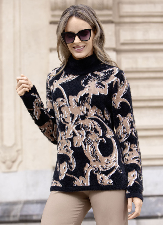 Lange mouw - Trui met fantasiegaren, in Größe 036 bis 052, in Farbe SCHWARZ-CAMEL-WEISS Ansicht 1