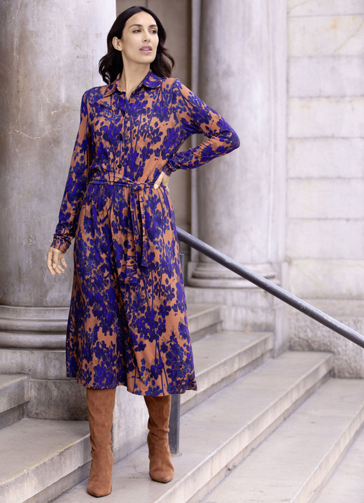 Lange mouw - Jurk met strikceintuur, in Größe 036 bis 052, in Farbe COGNAC-BLAU-MARINE-BUNT Ansicht 1