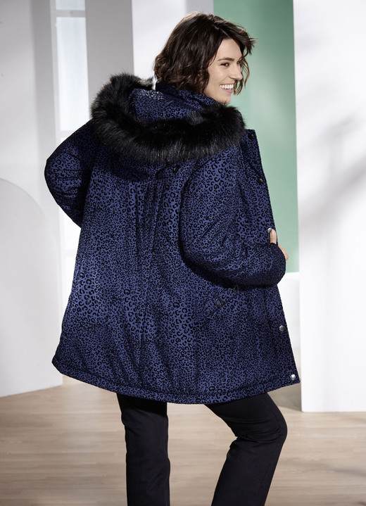 Winterjassen - Lange jas met roofdierbontmotief, in Größe 019 bis 054, in Farbe BLAU-SCHWARZ Ansicht 1