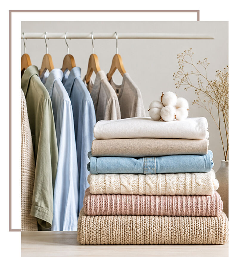 Diverse kledingstukken op kleerhangers en neergelegd