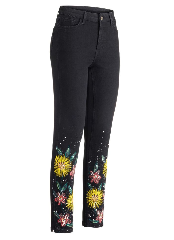 Jeans met handgeschilderde bloemmotieven 