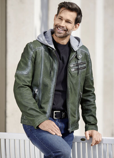 Leren kort jasje met capuchon 