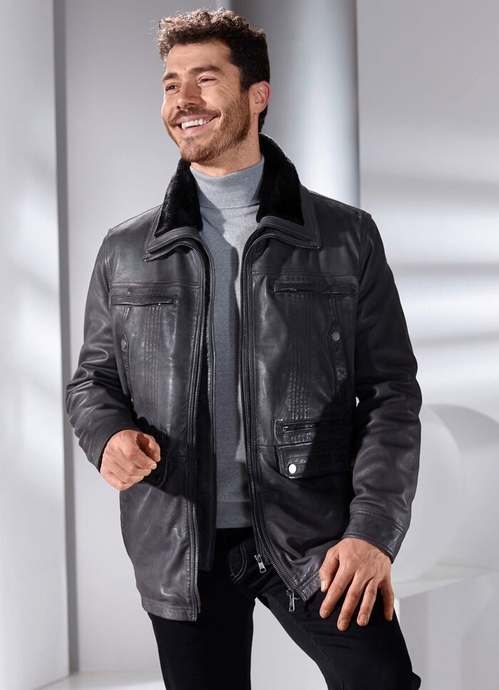 Leren jas met afneembare imitatiebontkraag 