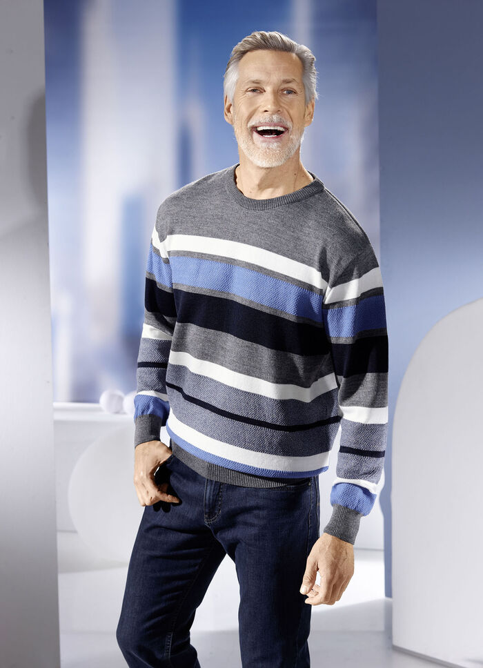 Trui met ronde hals en all-over een structuurmix GRIJS-MARINE-BLAUW-ECRU