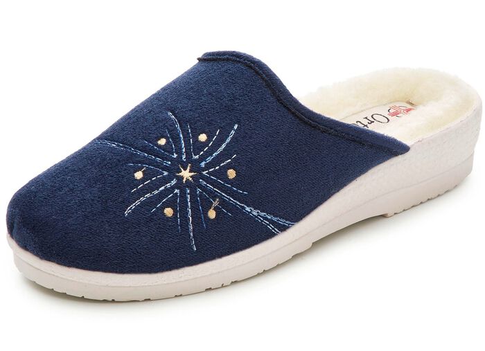 Tweepak warme damespantoffels, breedte H, met wol TAUPE+DONKERBLAUW