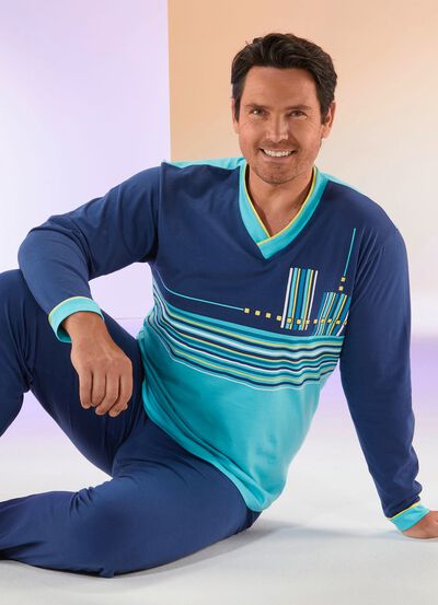 Pyjama met V-hals en gestreept dessin 