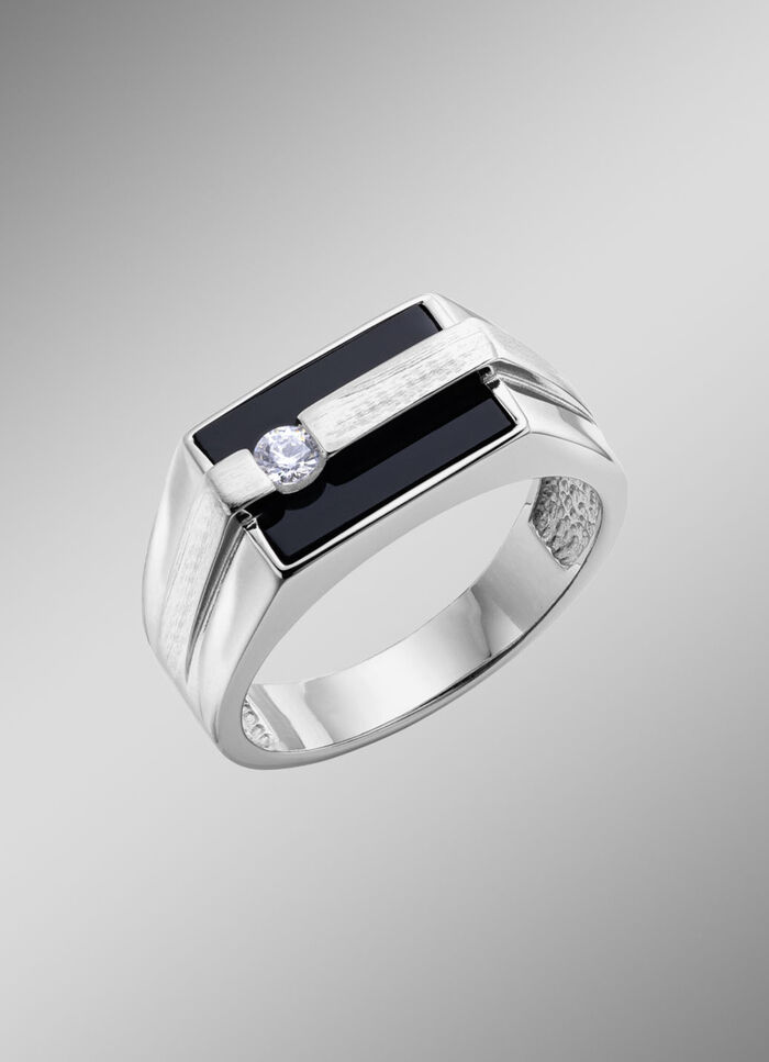Herenring van zilver met echte onyx en synthetische zirkonia 