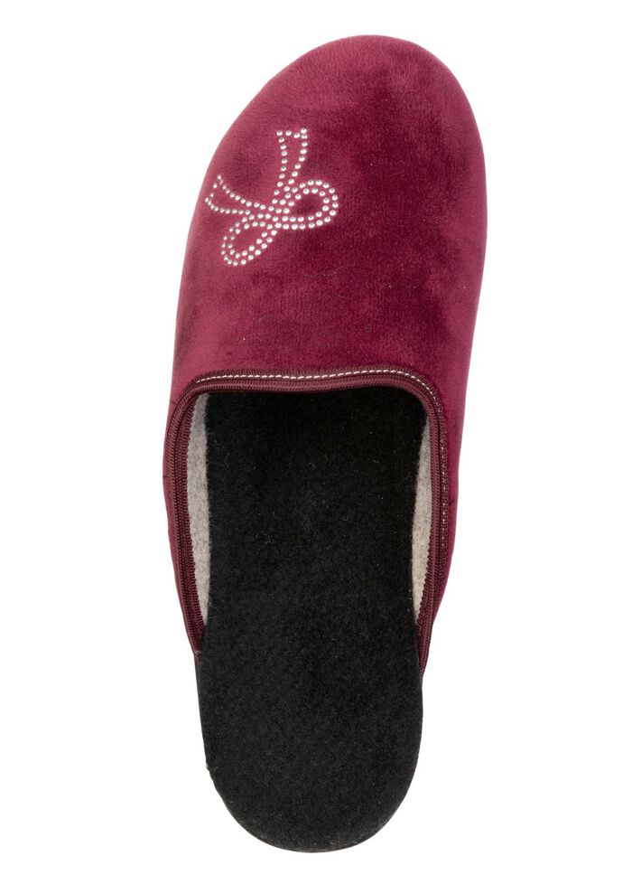 Tweepack klassieke damespantoffels, breedte G, met fonkelende strass-steentjes 1x Bordeaux, 1x Kameel