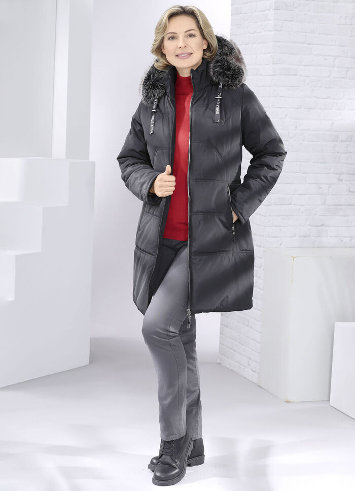 Korte jas met afneembare imitatiebontrand ZWART