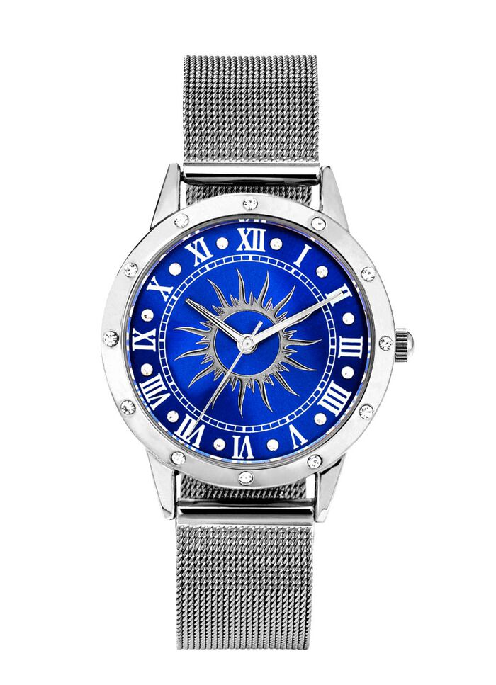 Zilverkleurig dameshorloge met zonnemotief en kristalaccenten 