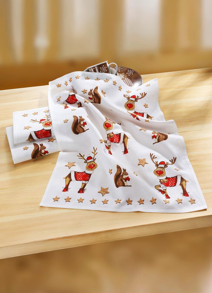 Theedoeken, eland- en eekhoorn-motieven, set van 3 