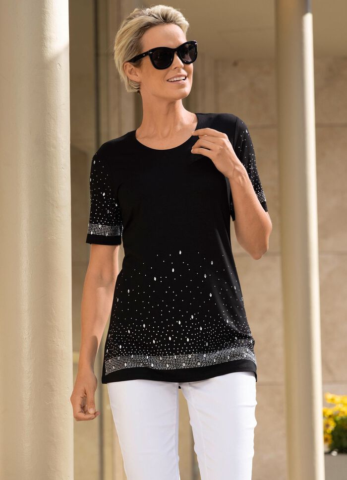 Shirt met zorgvuldig vervaardigde strass-versiering in 2 kleuren ZWART