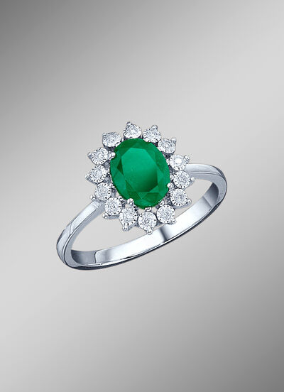 Majestueuze damesring met diamanten en echte smaragd 