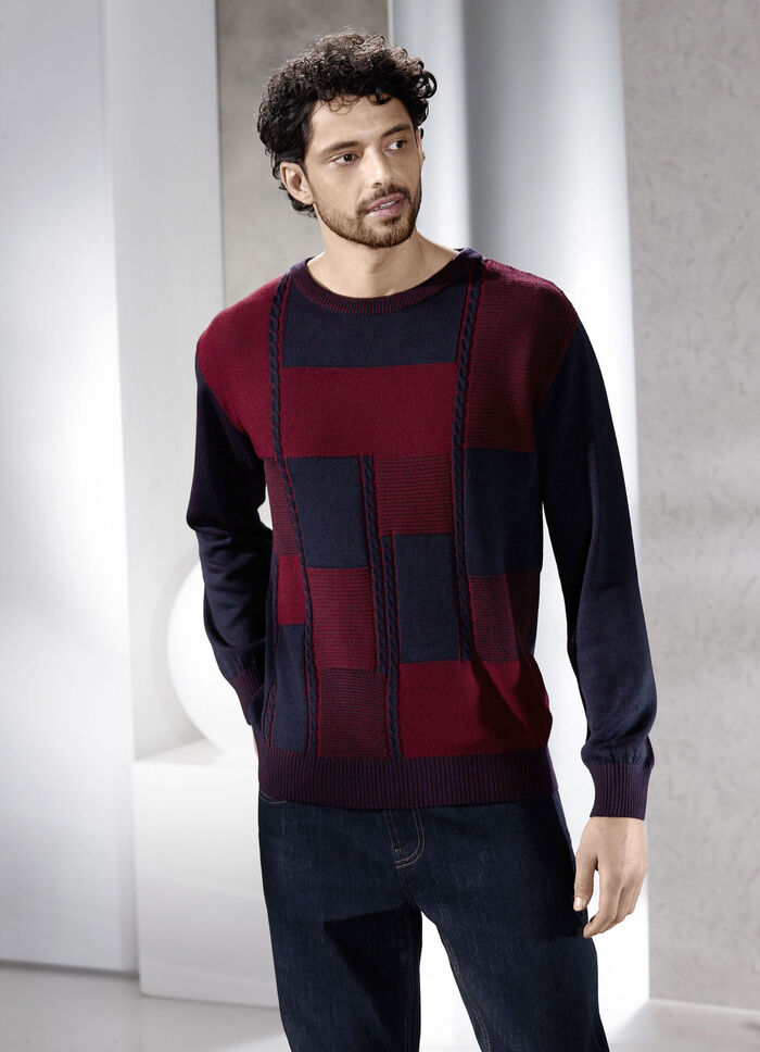 Ronde hals trui in 2 kleuren BORDEAUX-MARINE GEMÊLEERD