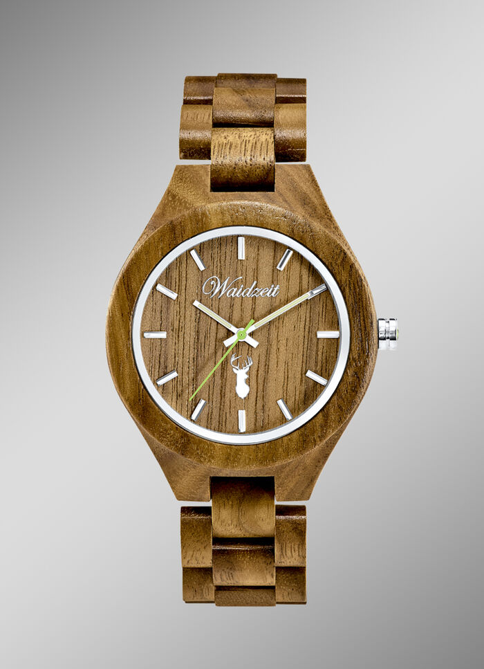 Waidzeit-herenhorloge, volledig vervaardigd van natuurlijk walnotenhout 