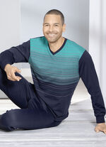 Hajo ademende comfort pyjama met V-hals en in het garen geverfd streepdesign 