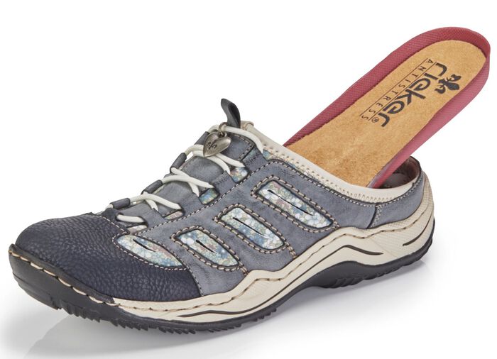 Rieker, klassieke damesklompen, met elastische decoratieve vetersluiting JEANSBLAUW/BEIGE