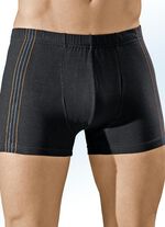 Set van vier boxershorts, effen met contrasterende zijkant, in 2 kleurcombinaties 2x ZWART-MANDARIJN-STAALBLAUW, 2x ZWART-ROOD-ECRU