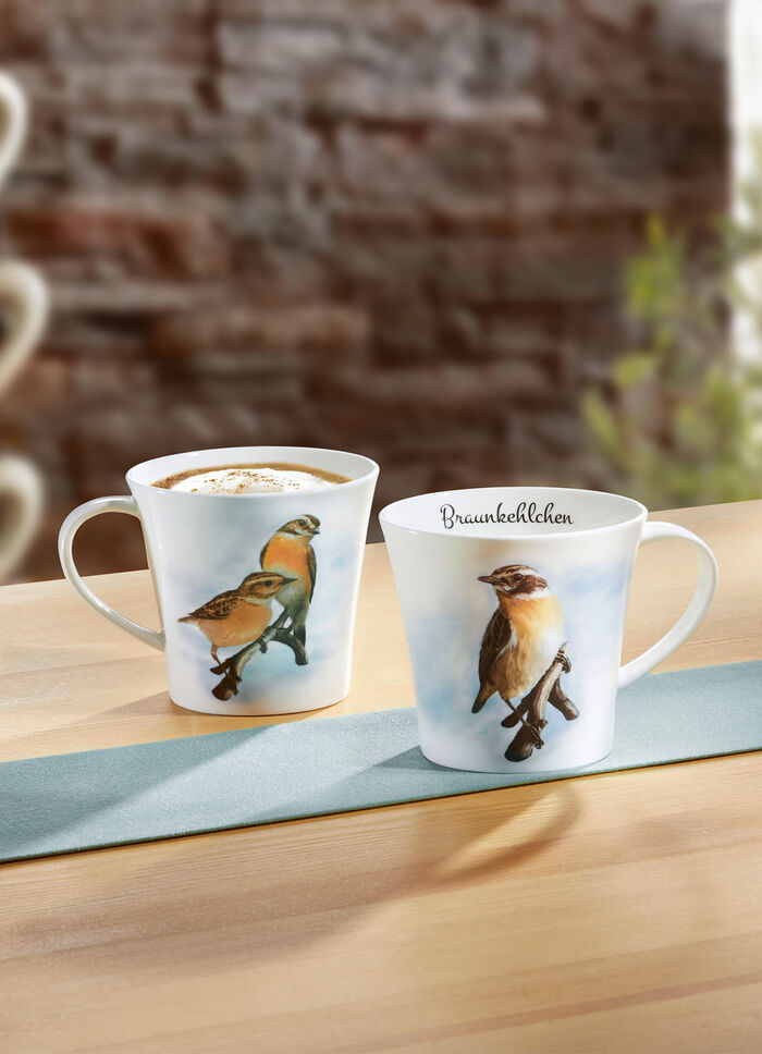 Mok met roodborsttapuitmotief 