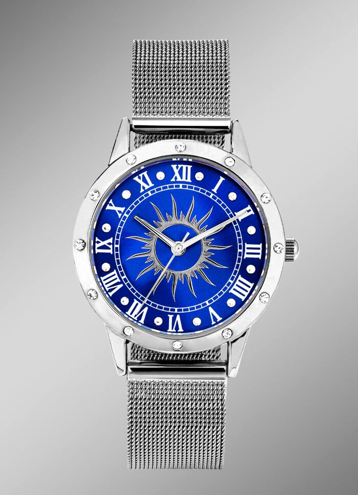 Zilverkleurig dameshorloge met zonnemotief en kristalaccenten 