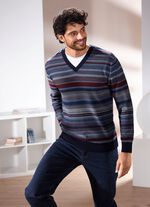 Gestreepte V-hals trui in 2 kleuren JEANSBLAUW-BORDEAUXROOD