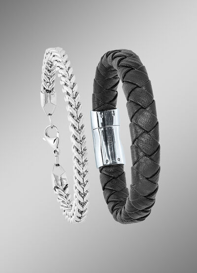 2-delige armbandenset gemaakt van roestvrij staal en leer 