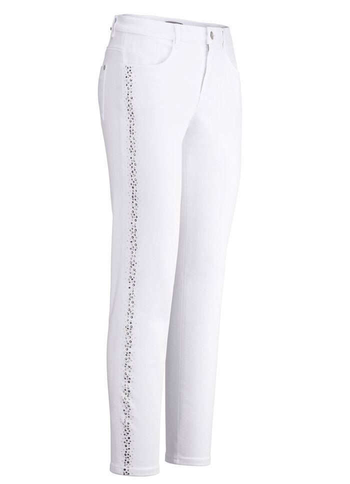 Elegante jeans met effectieve strasssteentjes WIT