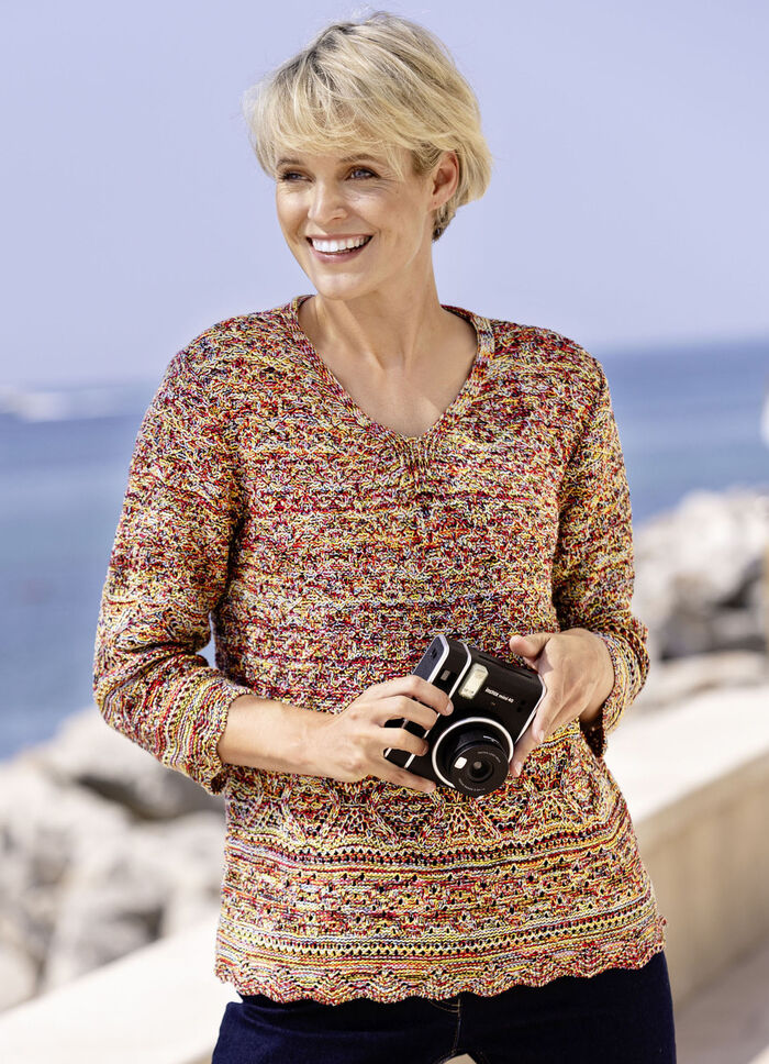 Trui gemaakt van gemêleerd garen ROOD-GEEL-MULTICOLOR