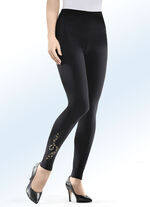 Legging met decoratief goudkleurig strass- en metaalplaatmotief ZWART