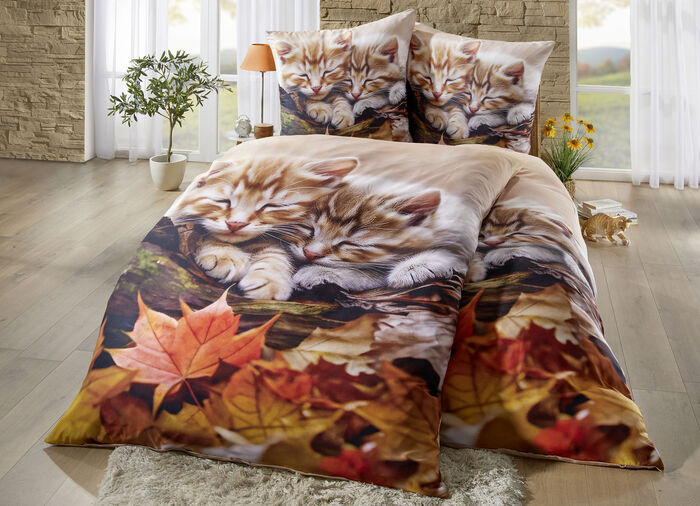 Beddengoedset met kittens in herfstbladerenmotief 