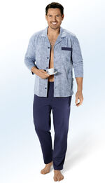 Pyjama, met volledige knoopsluiting, met reverskraag en borstzakje MARINE-BLAUW