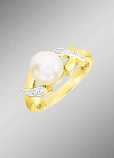 Elegante damesring met diamanten en Akoya parel 