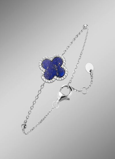 Klaverbladarmband met echte lapis lazuli en synthetische zirkonia 