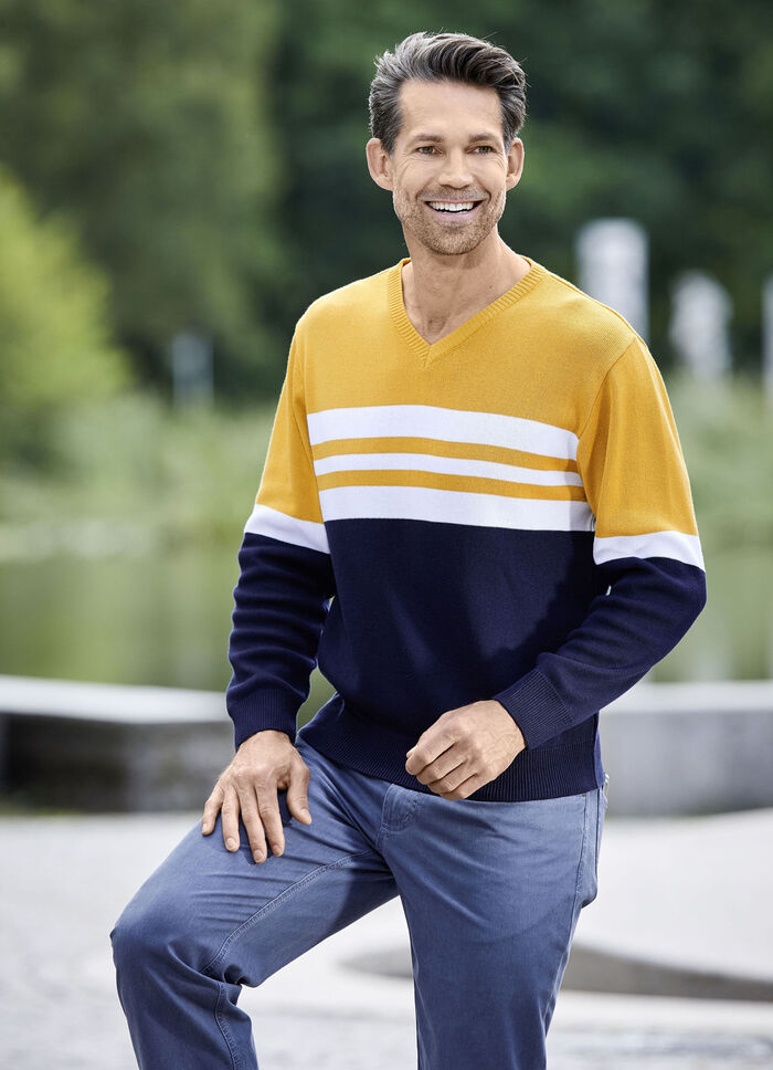 Modieuze V-hals trui MARINE-OCKER-WEISS