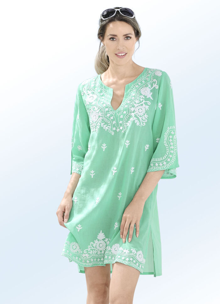 Tuniek met witte borduursels en zijsplitten, puur katoen MINT-WIT