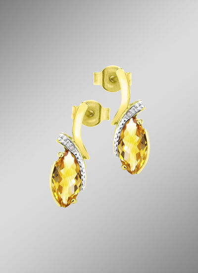 Oorbellen met echte citrien en 2 diamanten 