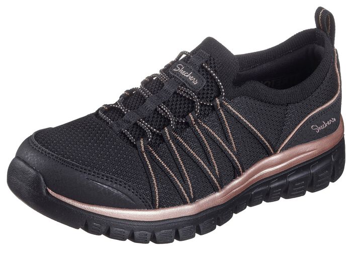 SKECHERS, trendy damespantoffels, gemaakt van gebreid meshmateriaal ZWART-ROS&Eacute;GOUD