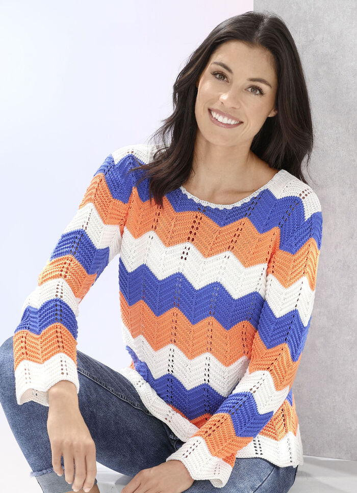 Trui met gekartelde strepen ECRU-JEANSBLAU-APRICOT