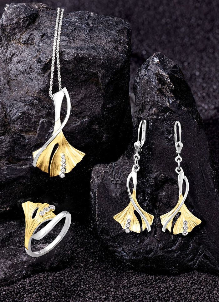 Damesring ginkgoblad in bicolor met synthetische zirkonia 