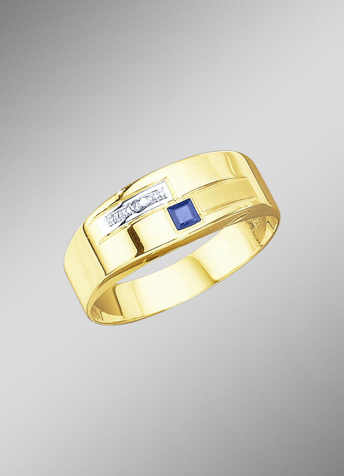 Herenring in bicolor met diamant en echte blauwe saffier 