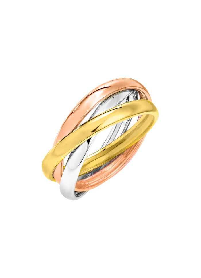 In elkaar verweven damesring in driekleur 
