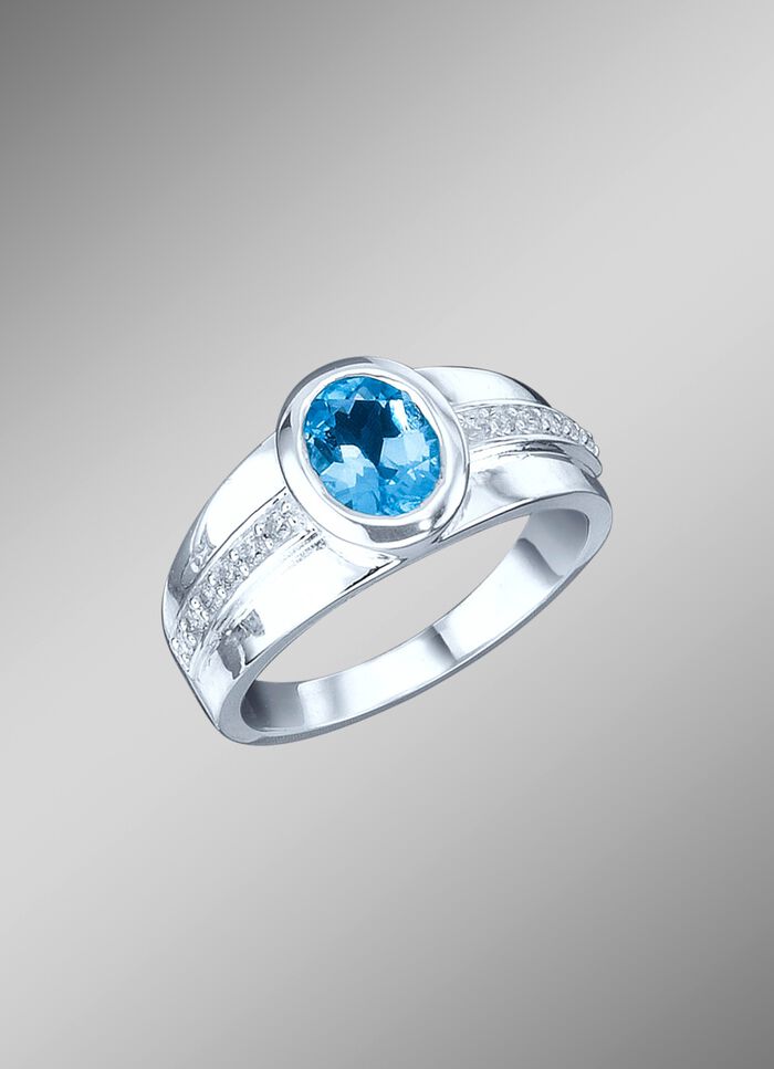 Damesring met blauwe topaas en synthetische zirkonia 