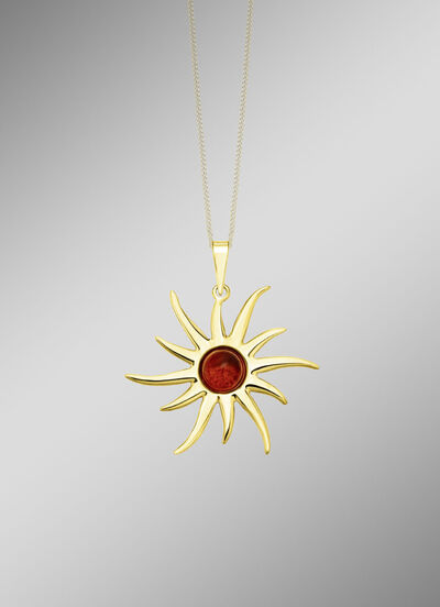 Stralende zon hanger met echte barnsteen 