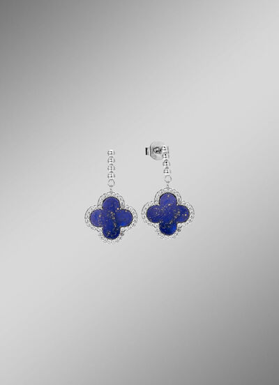 Klaverblad oorbellen met echte lapis lazuli en synthetische zirkonia 